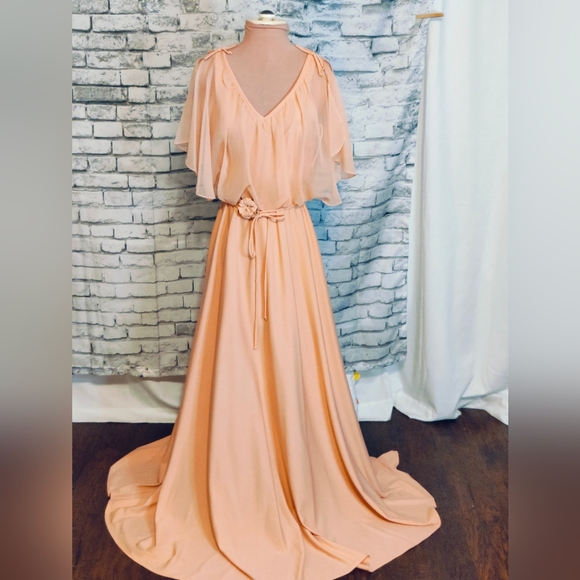 Vintage Dresses & Skirts - Vintage 70s melon Maxi Dress chiffon cape Super full skirt shoulder ties SM